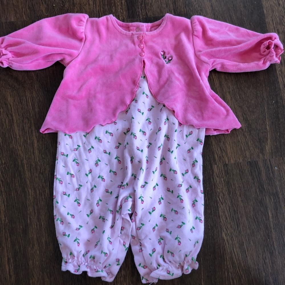 Vintage Okie Dokie pink floral sweater jumpsuit 3-6m